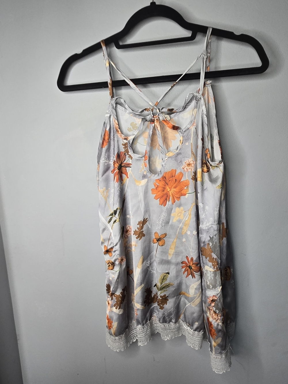 POL Medium Boho Floral Lace Trim Swing Tunic Dress Keyhole Bow